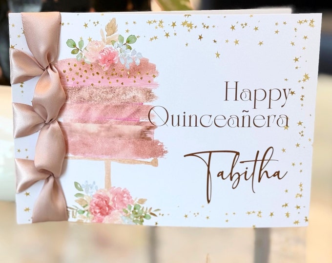 Custom Quinceañera Card, Satin Ribbon, Personalized Handmade Card