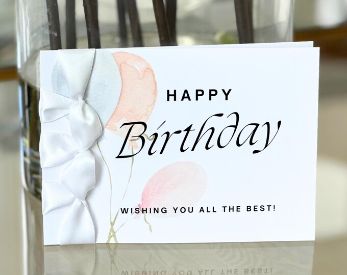 Handmade Birthday Card, Satin Ribbon, Personalized, Balloons