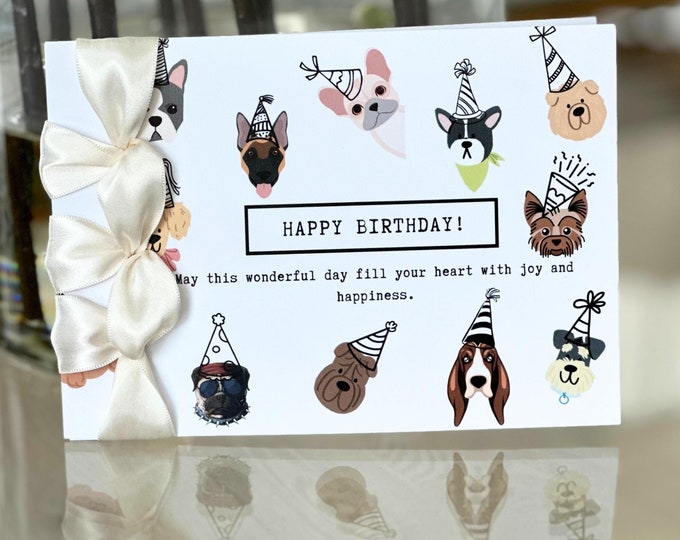 Dog Birthday Card, Handmade Cotton Cardstock, Satin Ribbon