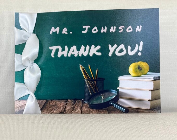 Personalized Teacher Thank You Card, Satin Ribbon, Handmade