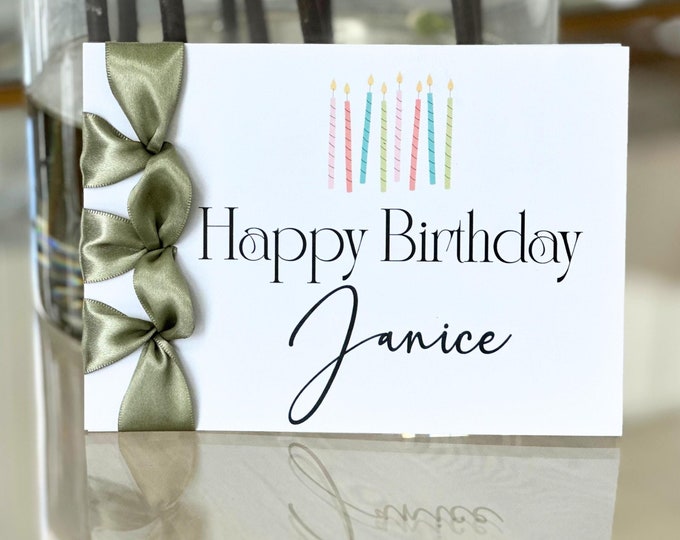Custom Birthday Card, Handmade Cotton Cardstock, Satin Ribbon