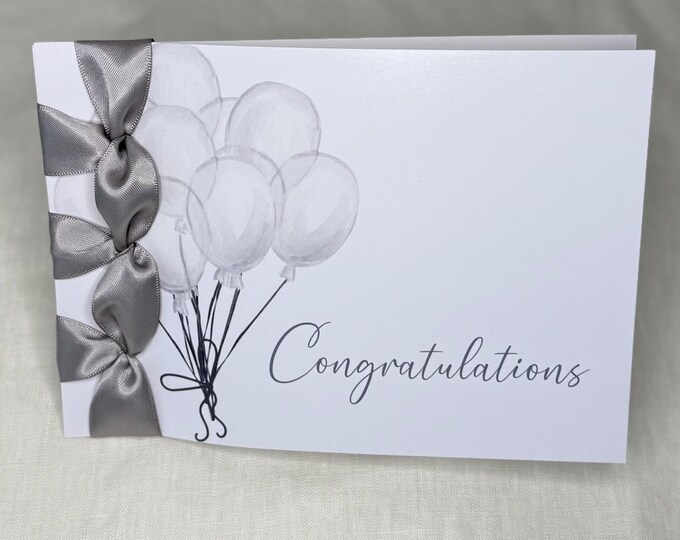 Custom Handmade Congratulations Card: Satin Ribbon & Silver Balloons