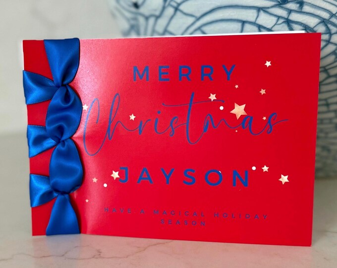 Handmade Personalized Christmas Card | Japanese Binding, Satin Ribbon