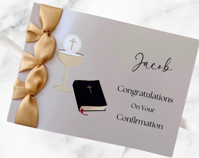 Personalized Confirmation Card for Boy | Handmade Satin Ribbon Religious Card