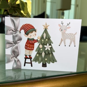 Carte de Noël faite main personnalisée, ruban de satin, carte de luxe, joyeuses fêtes, lutin et sapin de Noël