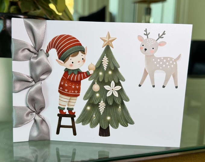Custom Christmas Card, Elf and Tree, Satin Ribbon, Handmade