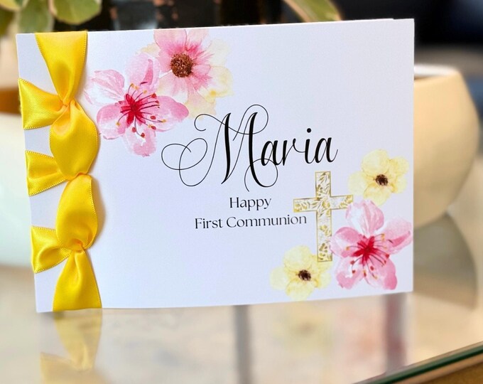 Personalized First Communion Card | Handmade Keepsake with Satin Ribbon