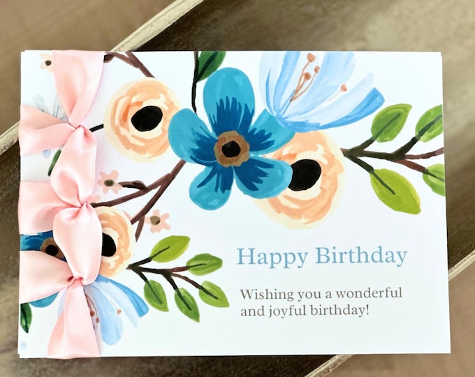 Handmade Floral Birthday Card, Satin Ribbon, Personalized