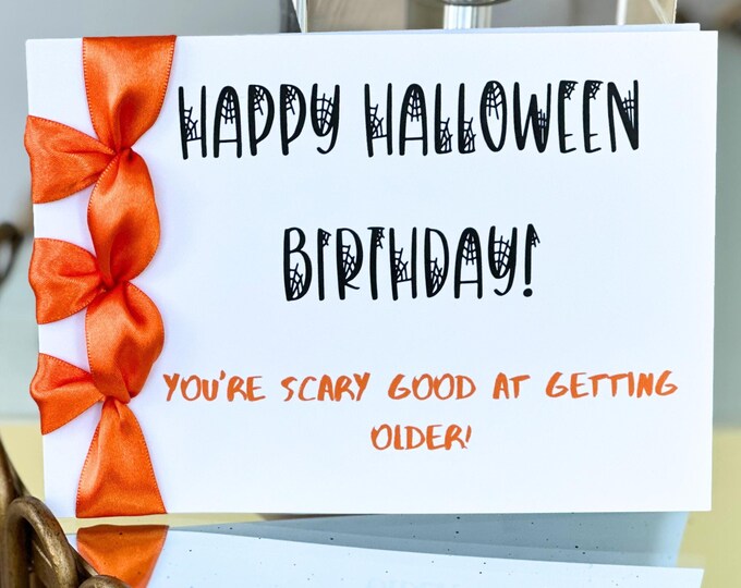 Custom Handmade Halloween Birthday Card, Satin Ribbon, Luxury Card