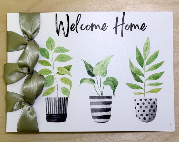 Custom Housewarming Card, Plants, Satin Ribbon, Personalized New Home Gift