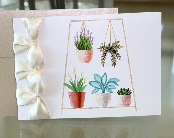 Custom Housewarming Plant Card, Satin Ribbon, Personalized New Home Gift