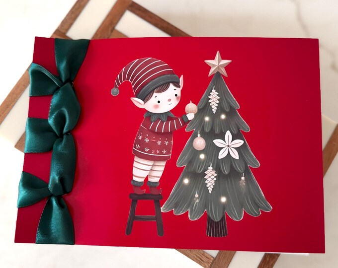 Handmade Christmas Card | Elf & Tree, Satin Ribbon, Personalized