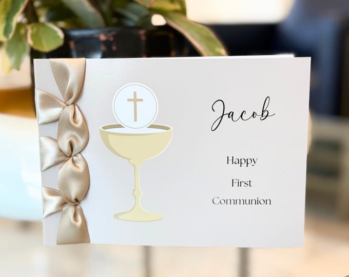 Handmade First Communion Card, Satin Ribbon, Personalized Luxury Card