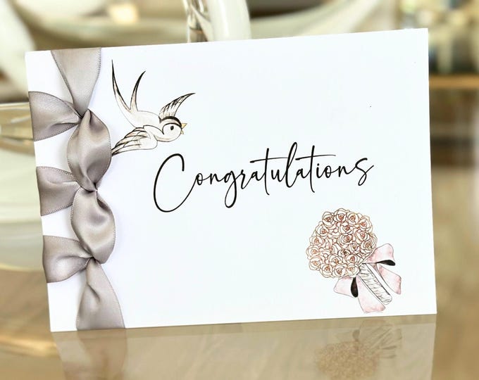 Handmade Wedding Congratulations Card, Satin Ribbon, Personalized Card