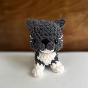 Crochet Charcoal Grey & White Cat Plush – Soft Handmade Amigurumi Kitty with White Paws and Belly – Gray and White Kitten