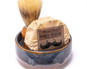 Shave Kit, stoneware shaving bowl, boar bristle brush, and natural soap bar