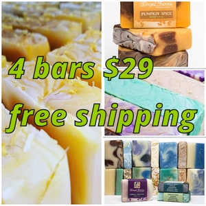 May include: Four bars of handmade soap for $29 with free shipping. The soap bars are in various colors and patterns, including yellow, green, blue, and brown. The text "4 bars $29 free shipping" is displayed in green letters on a white background.