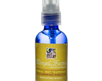 May include: A blue glass bottle with a clear spray nozzle, labeled "Fleegal Farms Botanical Organics Herbal Mist "Happiness" (travel size - 2 oz) 100% NATURAL VEGAN".