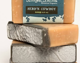 Herb'n Cowboy Soap, charcoal for men, cedar rosemary patchouli, palm free bar