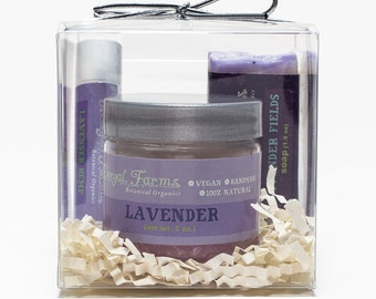 Lavender Sampler Gift Set. Natural/ Vegan/ Essential Oils/ Stocking Stuffer/ Scrub/ Lip Balm/ Soap