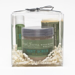 May include: A clear gift box filled with white shredded paper contains a mint-scented lip balm, a small jar of mint scrub, and a bar of peppermint swirl soap. The jar of scrub is labelled "Meegal Farms Botanical Organics Mint Scrub (net wt. 2 oz.)" and the soap is labelled "Peppermint Swirls Soap (1.5 oz)".
