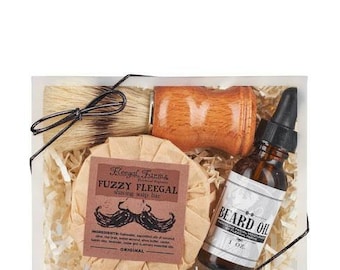 Men's Shave Set with shave brush,  shave soap,  and beard and facial oil.