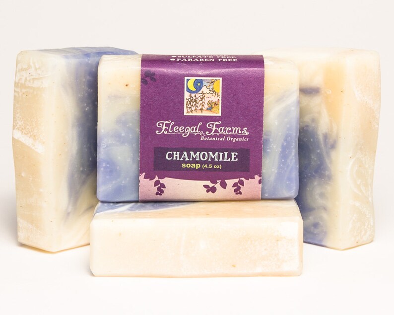 Chamomile soap bar made with organic chamomile flowers and lavender, a cold process bar made with filtered rainwater and plant based oils.