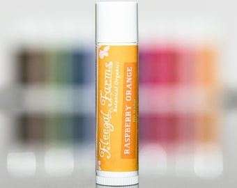 Raspberry Orange Lip Balm, vegetarian beeswax, berry and citrus flavor