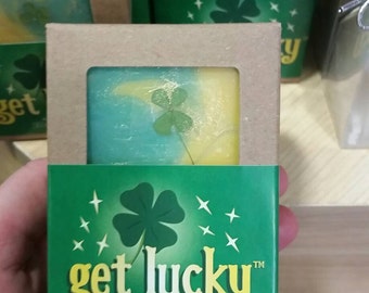 Get Lucky Soap™ Palm Free Soap Scented with Peppermint and Lemon and made with Magic. Natural, Cold Process, Essential Oils. Four Leaf Cover