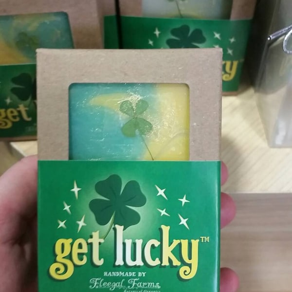 Get Lucky Soap™ Palm Free Soap Scented with Peppermint and Lemon and made with Magic. Natural, Cold Process, Essential Oils. Four Leaf Cover