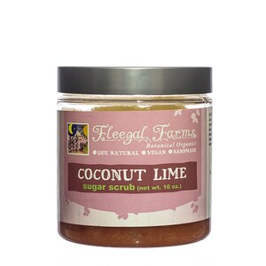 Coconut lime sugar scrub from Fleegal Farms, a blend of grapefruit, lime and lemon grass with organic coconut oil and french pink clay. Comes in a 2 oz or 10 oz recyclable jar.