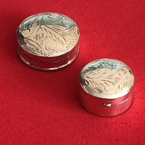 Vintage Sterling Silver Small Engraved Round Pill Boxes
