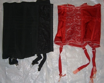 Gartered Waist Cinchers, Black Lace Front, Red Hand-Dyed, Removable Straps (S/M)