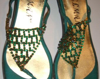DELMAN Green Jeweled Slide Sandals, Unusual Size 9M