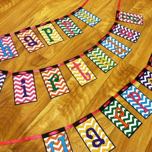 Rainbow Chevron Happy Birthday Party Banner, Party Decorations, Birthday Decor. Pink, Orange, Yellow, Green, Blue and Purple banner image 1