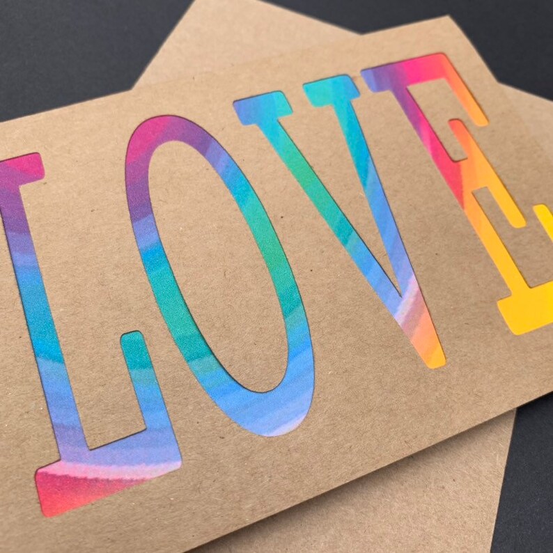 Tie Dye LOVE Cutout Kraft Greeting Card With Matching Envelope I Love