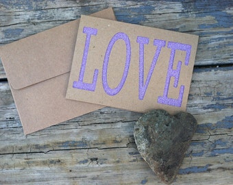 LOVE Purple Glitter card stock & Kraft Blank die cut Greeting Card with Matching Envelope.  I love you, love card, relationship, friend card