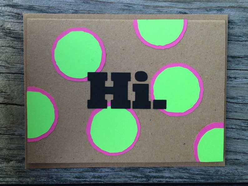 Hi Sending a Hello Miss You Preppy Card Just a Hello Want to say Hi Bright Pink /& Green Polka Dot Greeting Card with matching envelope
