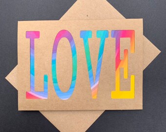 Tie Dye LOVE cutout kraft greeting card with matching envelope  I love you card, thinking of you, just a hello, hippie, retro