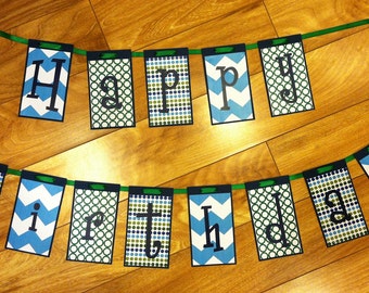 Happy Birthday Blue, Green, Navy Polka Dot, Circle & Chevron Banner.  Happy Birthday Banner, Party Banner, Little Boy BIrthday Decorations