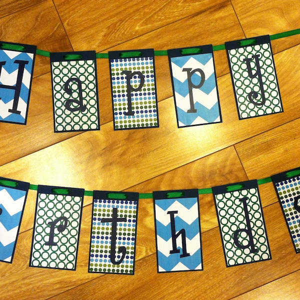 Happy Birthday Blue, Green, Navy Polka Dot, Circle & Chevron Banner.  Happy Birthday Banner, Party Banner, Little Boy BIrthday Decorations