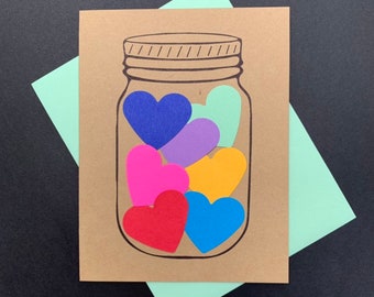 Mason Jar Full of Hearts Love, Love You, Sending Love, Thoughtful Greeting Card with Mint Envelope