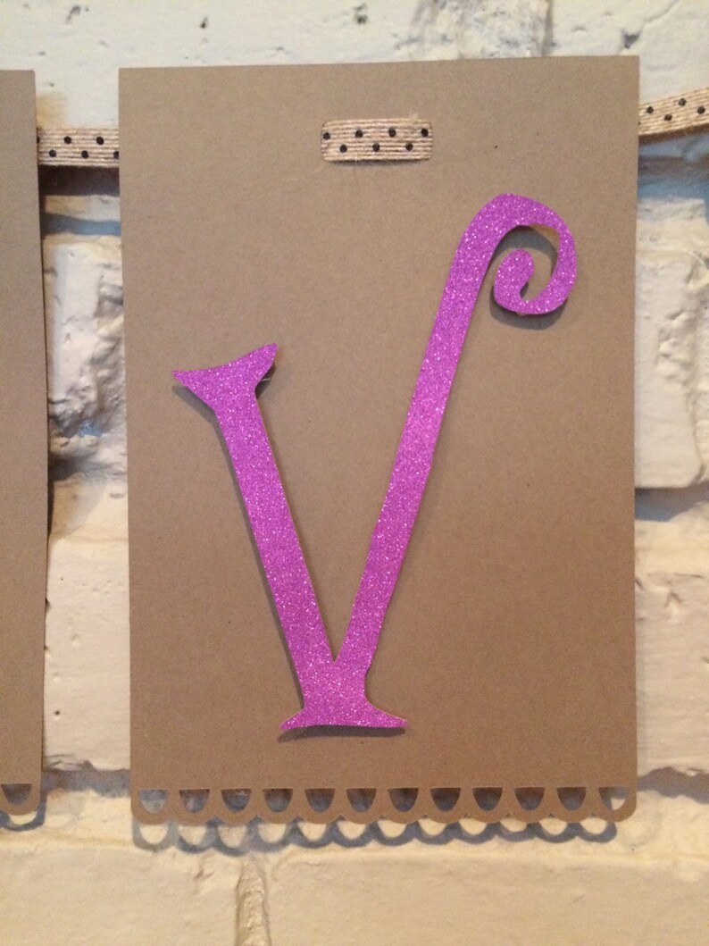 fancy love banner purple glitter lettering on scalloped kraft etsy