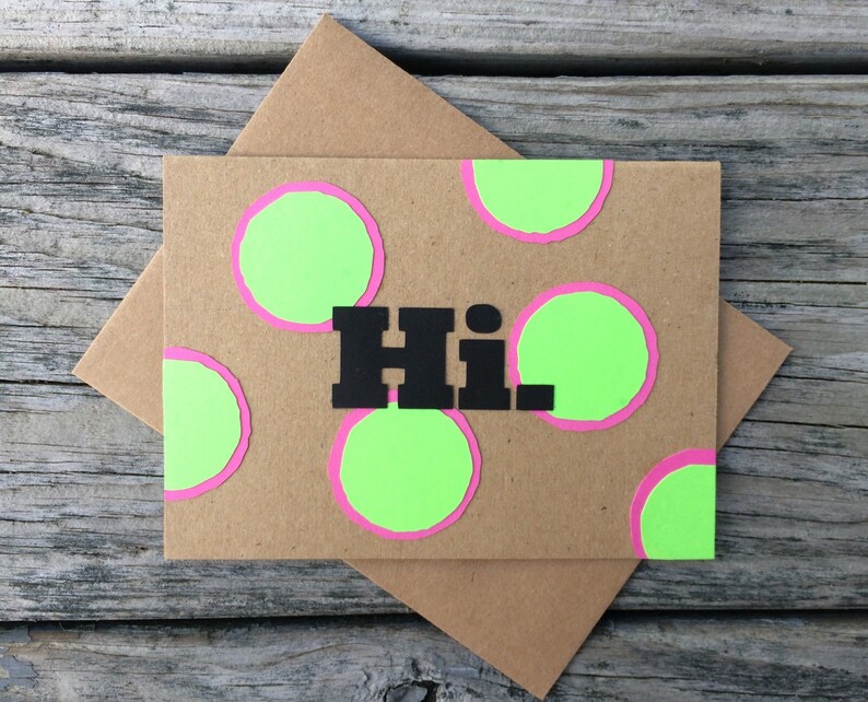 Hi Sending a Hello Miss You Preppy Card Just a Hello Want to say Hi Bright Pink /& Green Polka Dot Greeting Card with matching envelope