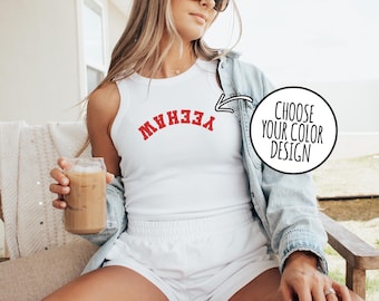 Yee Haw Crop Tank Top - Cropped Tanks Cowgirl Aesthetic Shirts American Upside Down Western Logo Retro 90s Y2K Womens Croptop