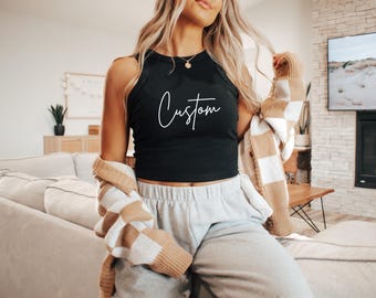 Personalized Crop Tank - Custom Micro Rib Crop Top Sleeveless Gym School Sports Sorority Fitted Cropped Shirt Women Gift