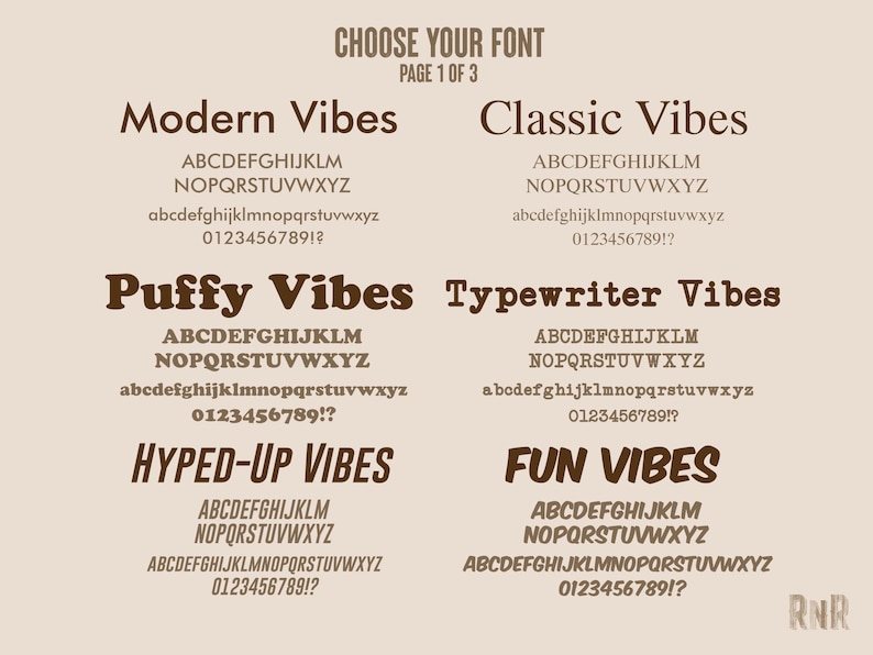 May include: A graphic design sheet showing different font styles for use in digital design projects. The styles include modern, classic, puffy, typewriter, hyped-up, and fun vibes. Each style includes uppercase and lowercase letters, numbers, and punctuation marks.