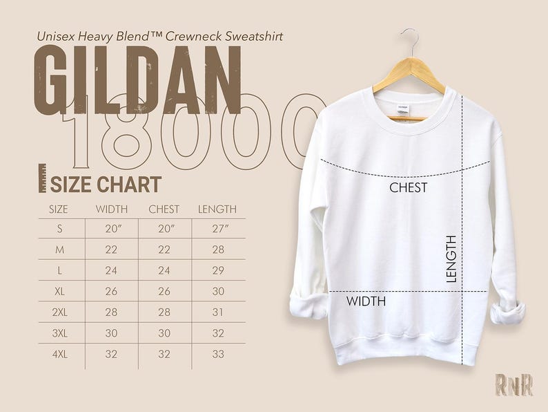 May include: A white Gildan 18000 crewneck sweatshirt on a wooden hanger. The image includes a size chart with measurements in inches, converted to cm, for width, chest, and length. The size chart ranges from S to 4XL.