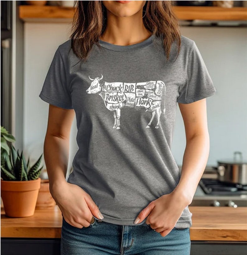 May include: A heather gray t-shirt with a white graphic of a cow with different cuts of meat labeled. The labels include "Chuck", "Rib", "Brisket", "Plate", "Flank", and "Short loin".