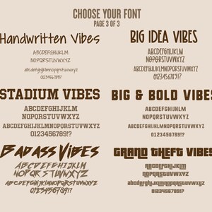 May include: A page from a font book showing different font styles. The fonts are labeled "Handwritten Vibes", "Big Idea Vibes", "Stadium Vibes", "Big & Bold Vibes", "Badass Vibes", and "Grand Theft Vibes". Each font style shows the alphabet in uppercase and lowercase, as well as numbers and punctuation.